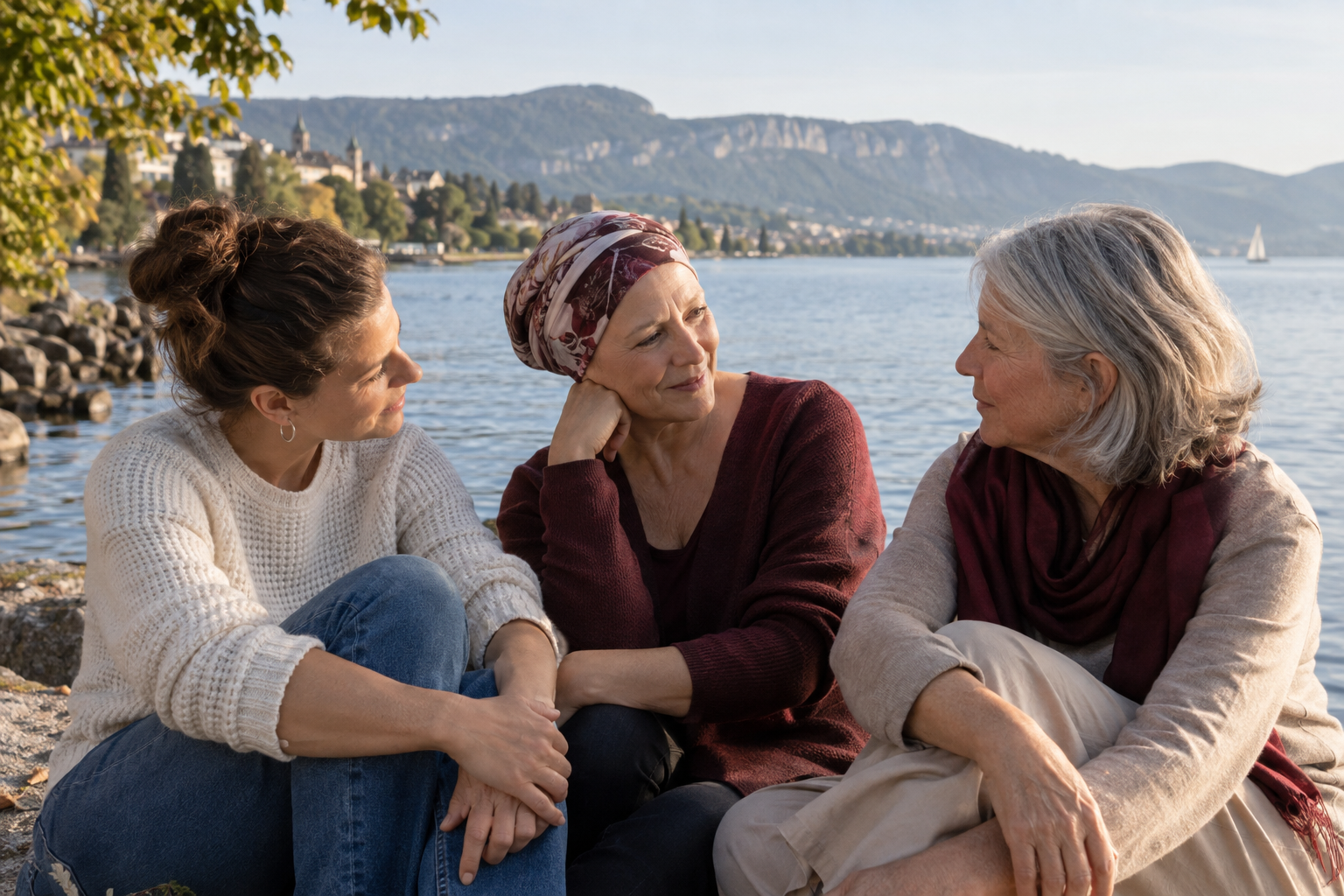 Illustration : trois femmes échangent au bord d’un lac, dans un moment de soutien.